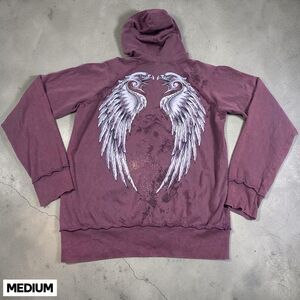 VTG Y2K Sinful Affliction Hoodie Womens MED Burgundy Sweatshirt Zip Wings Eagle